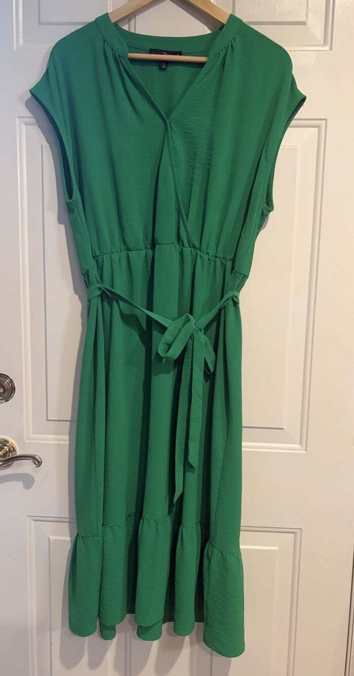 Fred David Women's Large Kelly Green Tiered Midi Dress Faux Wrap Belted